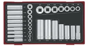 Doppenset kort lang TT1 tray 1/4" van 3/16" tot 1/2" 3/8" van 3/8" tot 3/4" AF 32 delig 6 kant Ten