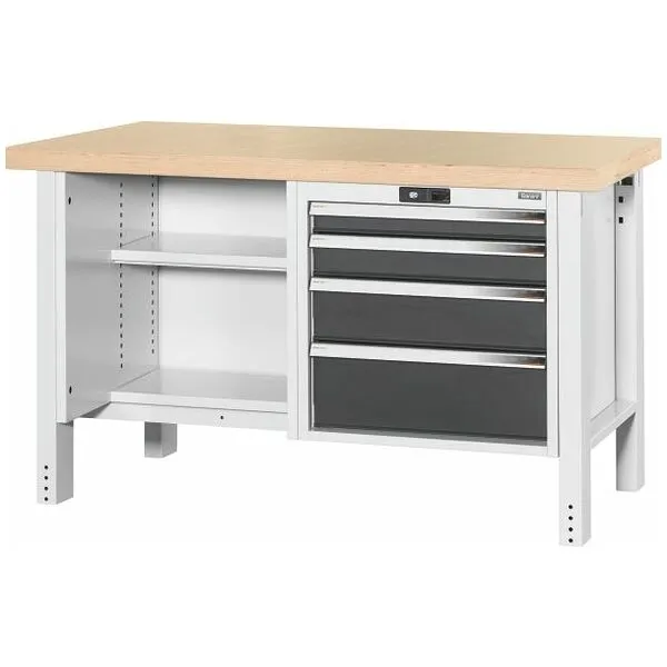 GARANT GridLine Werkbank, links open, rechts 4 lades, Blad van beuken multiplex, 20×20G, Bladlengte: 1500mm