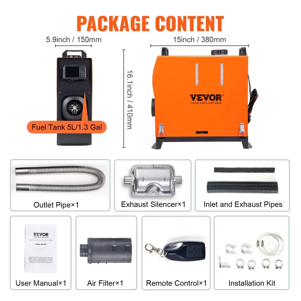VEVOR AIR DIESEL LUCHTVERWARMERS 12V 5KW LUCHTVERWARMER AIR DIESEL DIESEL STANDKACHEL LUCHTVERWARMER 0.160.52 L/UUR DIESELKACHE