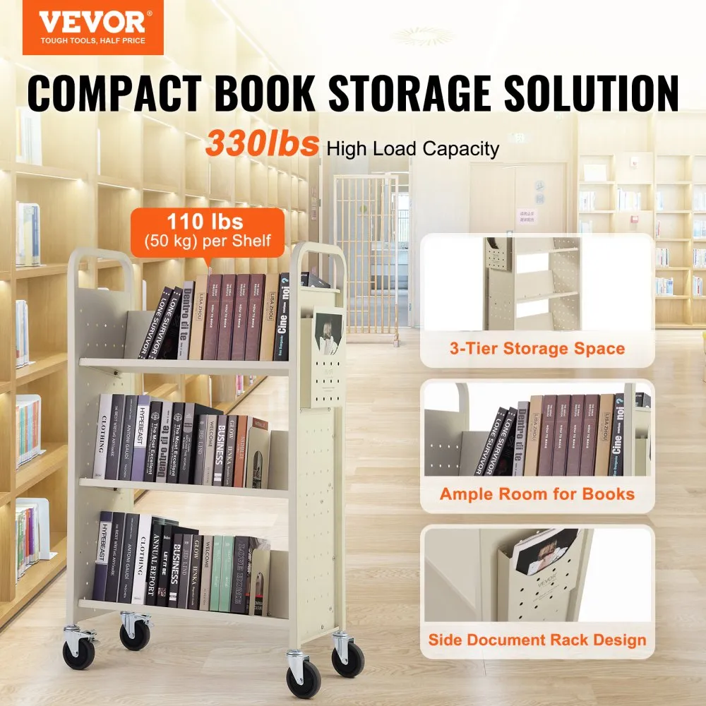 VEVOR bibliotheekwagen 79x38,5x125cm afruimwagen 3 planken boekenwagen koolstofstaal + koudgewalst plaatstaal serveerwagen 150kg