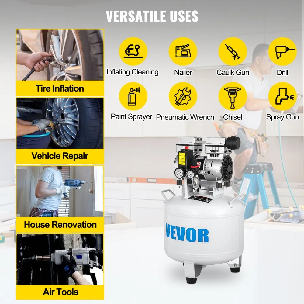 VEVOR Olievrije Stille compressor 850W Draagbare Stille Luchtcompressor 40L Luchtcompressor Olievrije Pomp Draagbaar Eenheid Voo