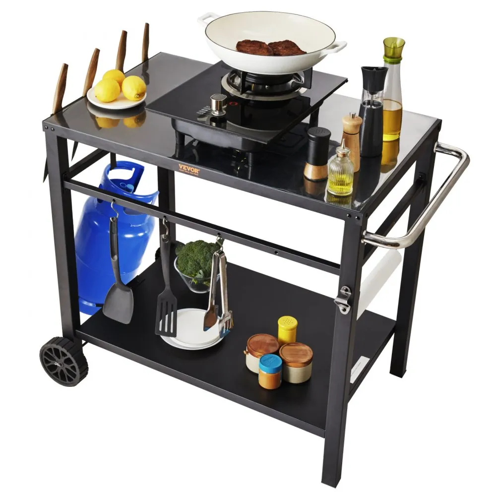 VEVOR serveerwagen keukenwagen 100 x 64 x 83,5 cm buitengrill eetwagen met dubbele plank, verplaatsbare grilltafel voor voedselb