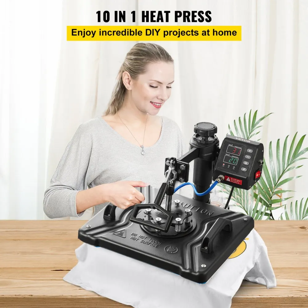 VEVOR TRANSFERPERS HITTEPERS 10 IN 1 WARMTE PERSMACHINE 12 X 15 TSHIRT PERS ZWART VOOR PENNEN MOKKEN CAPS