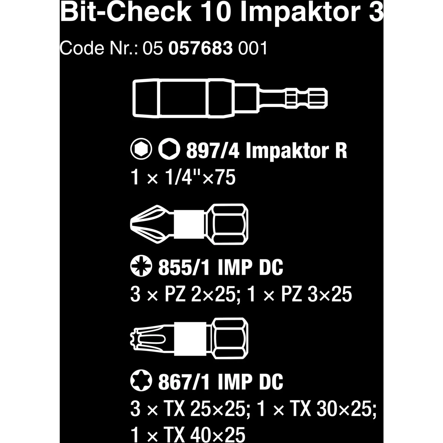 WERA BITCHECK 10 IMPAKTOR 3 BITSET (10DELIG, DIAMANTCOATING)